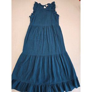 Universal Thread Tiered Ruffle Sleeveless Gauze Peasant Maxi Dress S Blue Cotton